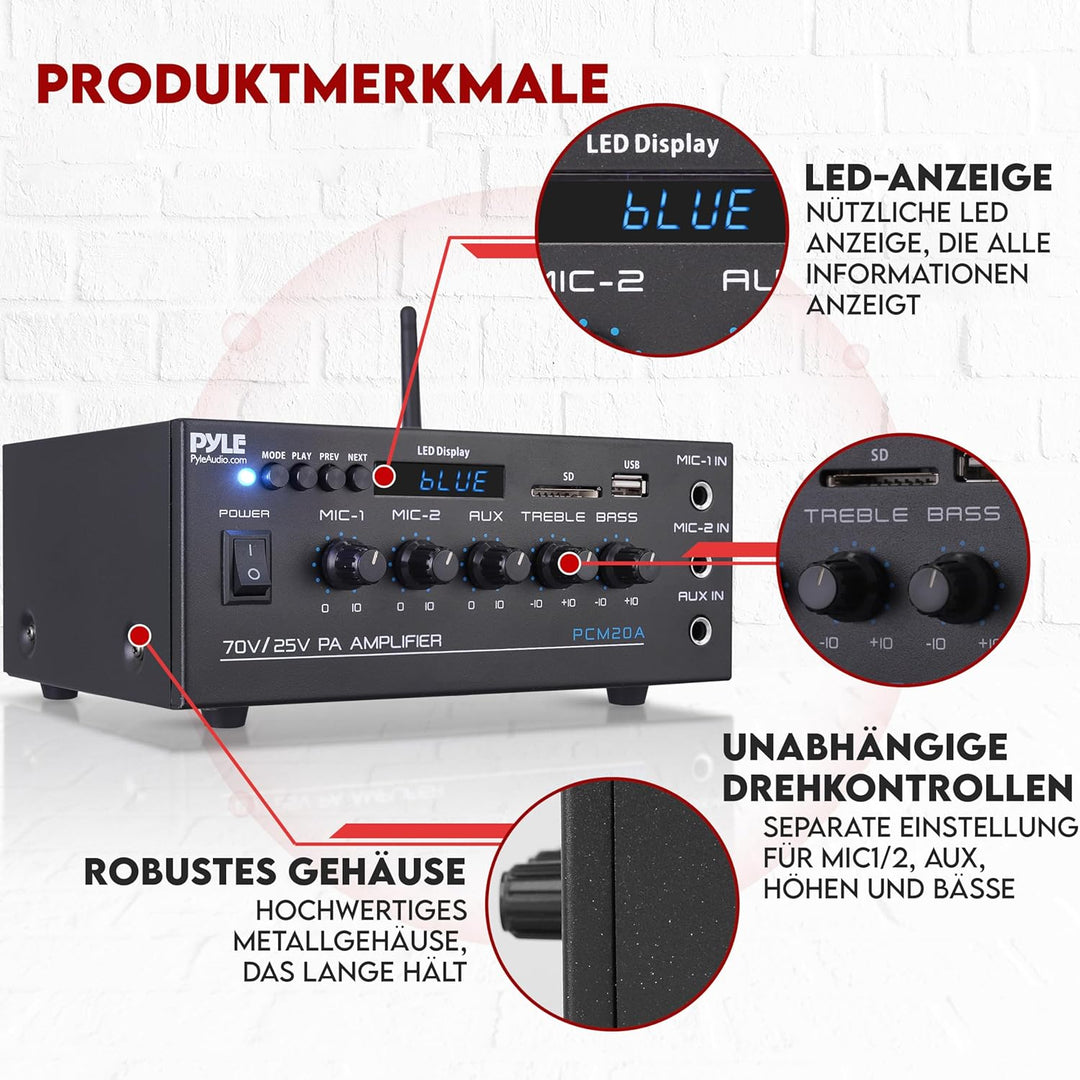 Pyle PA- Verstärker, Bluetooth Amplififer- 70 V/25 V mit 2 Mic- Eingängen, AUX, USB, SD, MP3, LED- D