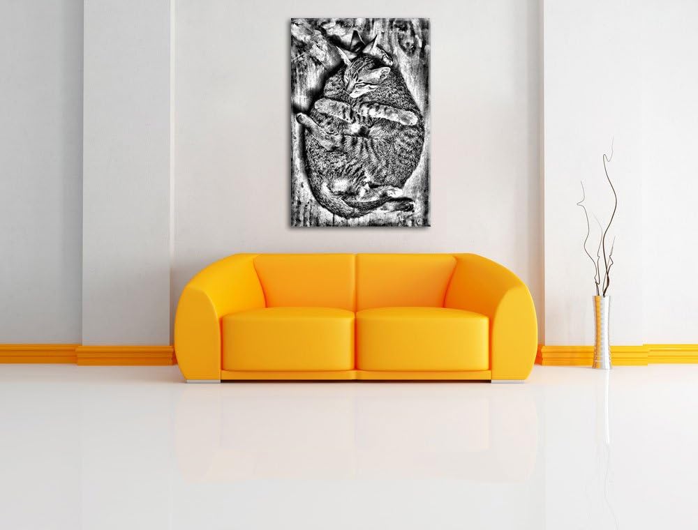 Pixxprint Monocrome, Kuschelnde Katzen, Format: 100x70 auf Leinwand, riesige Bilder fertig gerahmt m