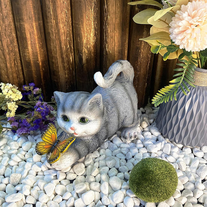 Katzen Deko Gartenfiguren mit Schmetterlinge LED Solarlampen, Wetterfest Solar-Katzenstatue für Drau