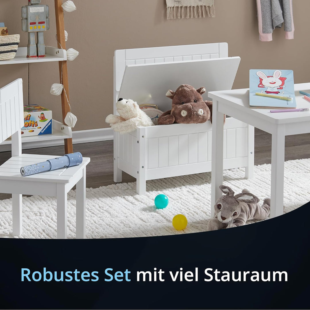 KHG Kinder-Möbel Set mit Tisch, Bank & Stuhl weiss Landhaus für Kinderzimmer, Pflegeleichte Oberfläc