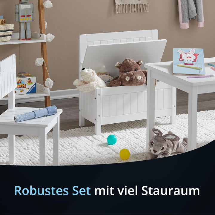 KHG Kinder-Möbel Set mit Tisch, Bank & Stuhl weiss Landhaus für Kinderzimmer, Pflegeleichte Oberfläc