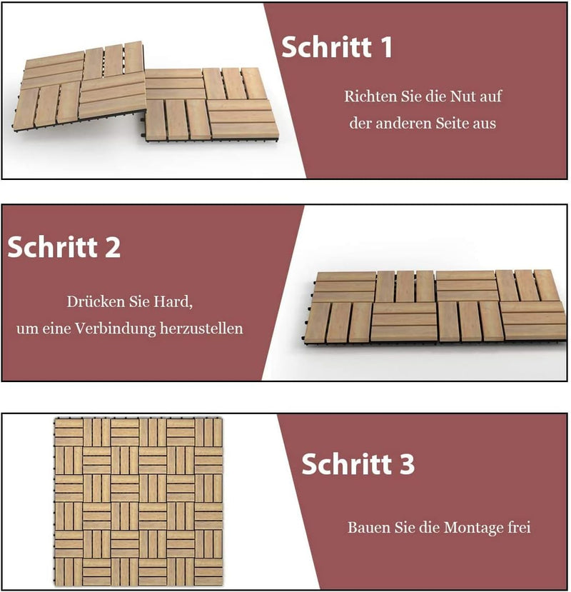 GOPLUS 10er Set Terrassenfliesen aus Akazienhartholz 30 x 30 cm, Bodenbelag mit Klicksystem und Drai