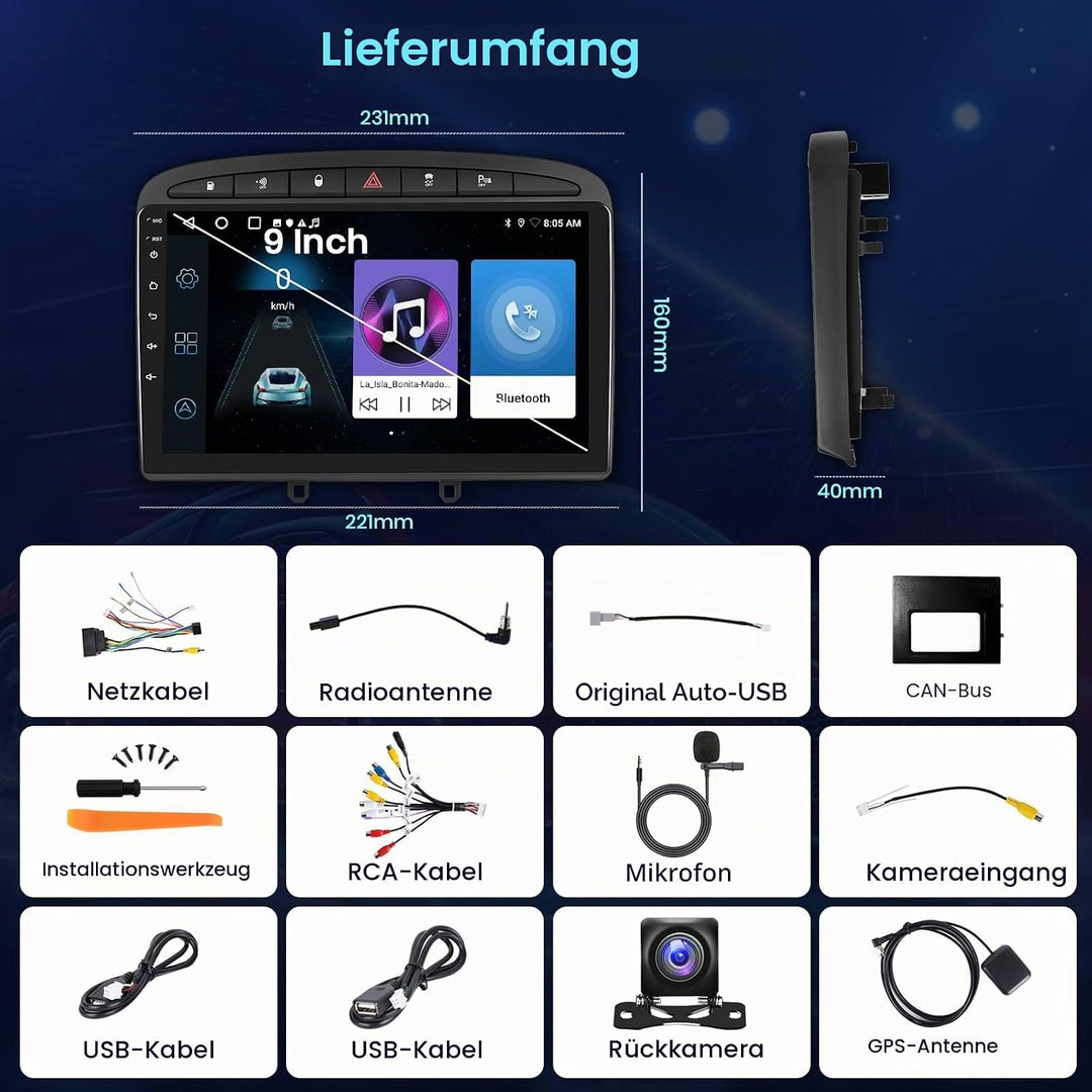 2+64G 9" Android Autoradio für Peugeot 308 408 2007-2015 2+64GB, 2+64GB