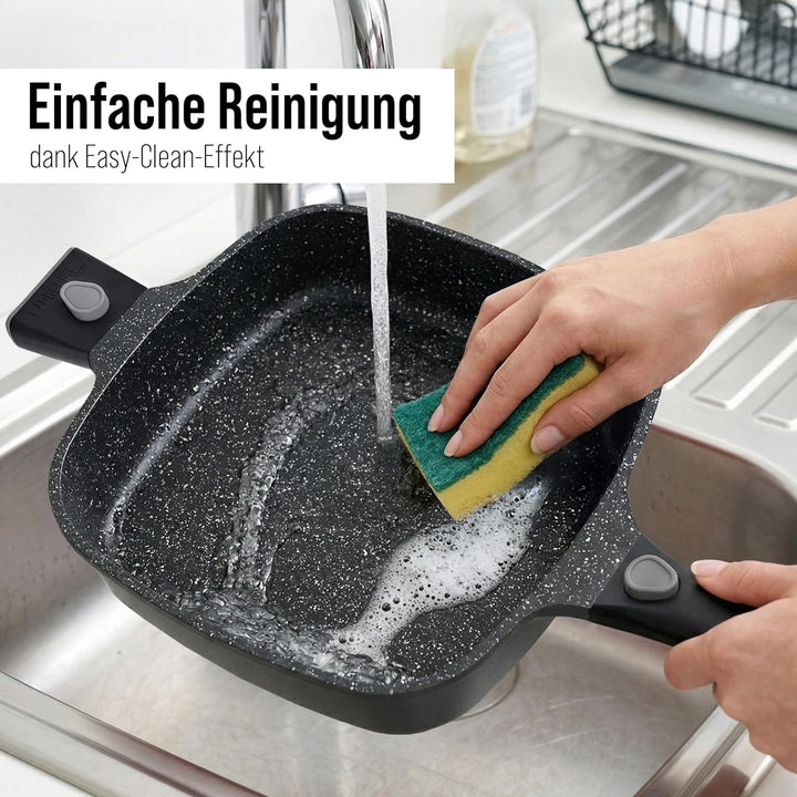 STONELINE SMART Servierpfanne 28 cm, Eckige Pfanne mit Deckel, Abnehmbarer Griff, Aluguss Pfanne Ind