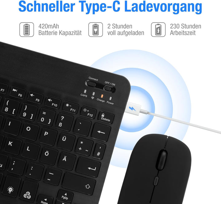 MAYPHY Kabellose Mini-Tastatur-Maus-Kombination, tragbare Tastatur mit 7-Farbiger Hintergrundbeleuch