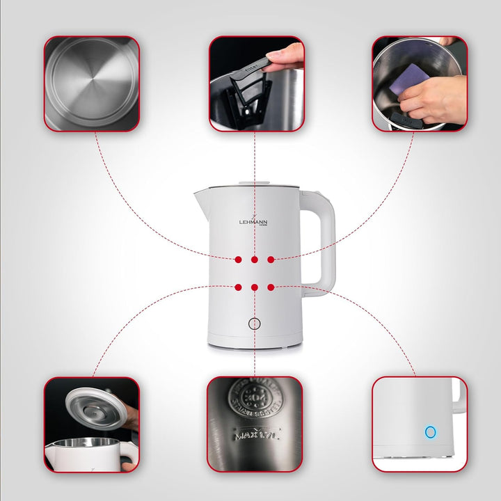 LEHMANN Elektrischer Wasserkocher Edelstahl 1,7L, 2200W, Schnelles Aufheizen, Doppelwand Design, 360