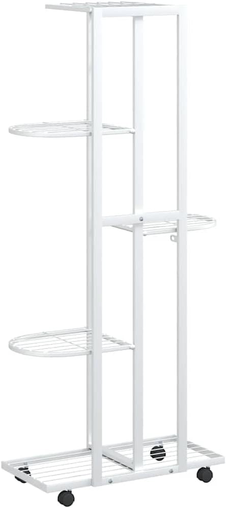 Blumenständer 5-Etagen mit Rollen aus pulverbeschichtetem Weissem Eisen 44x23x100 cm, Pflanzenregal