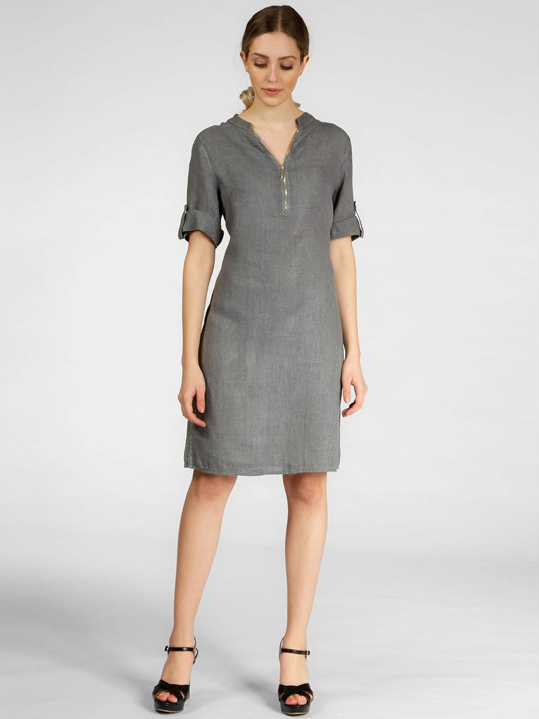 Caspar SKL037 stylisches knielanges Damen Sommer Leinenkleid mit Reissverschluss Ausschnitt 36 Grau,