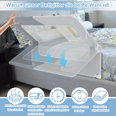 YRHome 180cm Bettgitter Rausfallschutz klappbar 180 Grad drehbar Bettschutzgitter für Kleinkinder lu