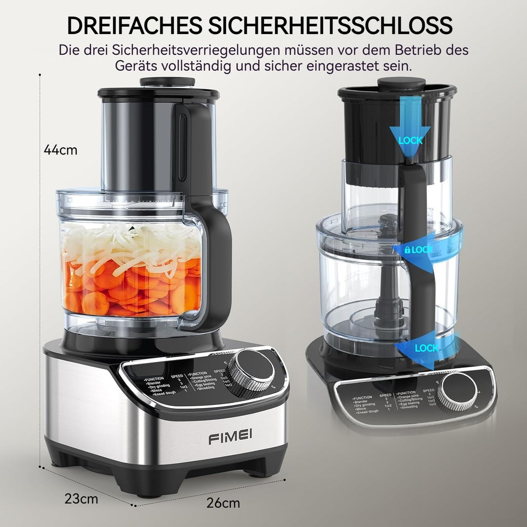 FIMEI Küchenmaschine 1300W, 3 Geschwindigkeiten und Impulsfunktion, 3,5L Zerkleinerer, 1,5L Mixer, M