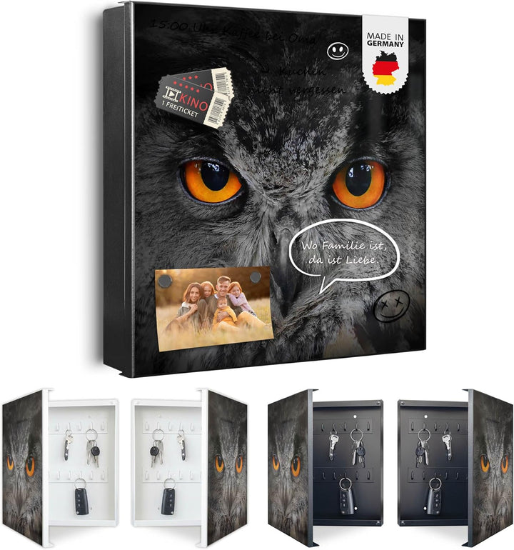 banjado® Grosser Schlüsselkasten Glas/Schlüsselbox 30cm x 30cm mit 50 Haken - Motiv Uhu/Schlüsselkas