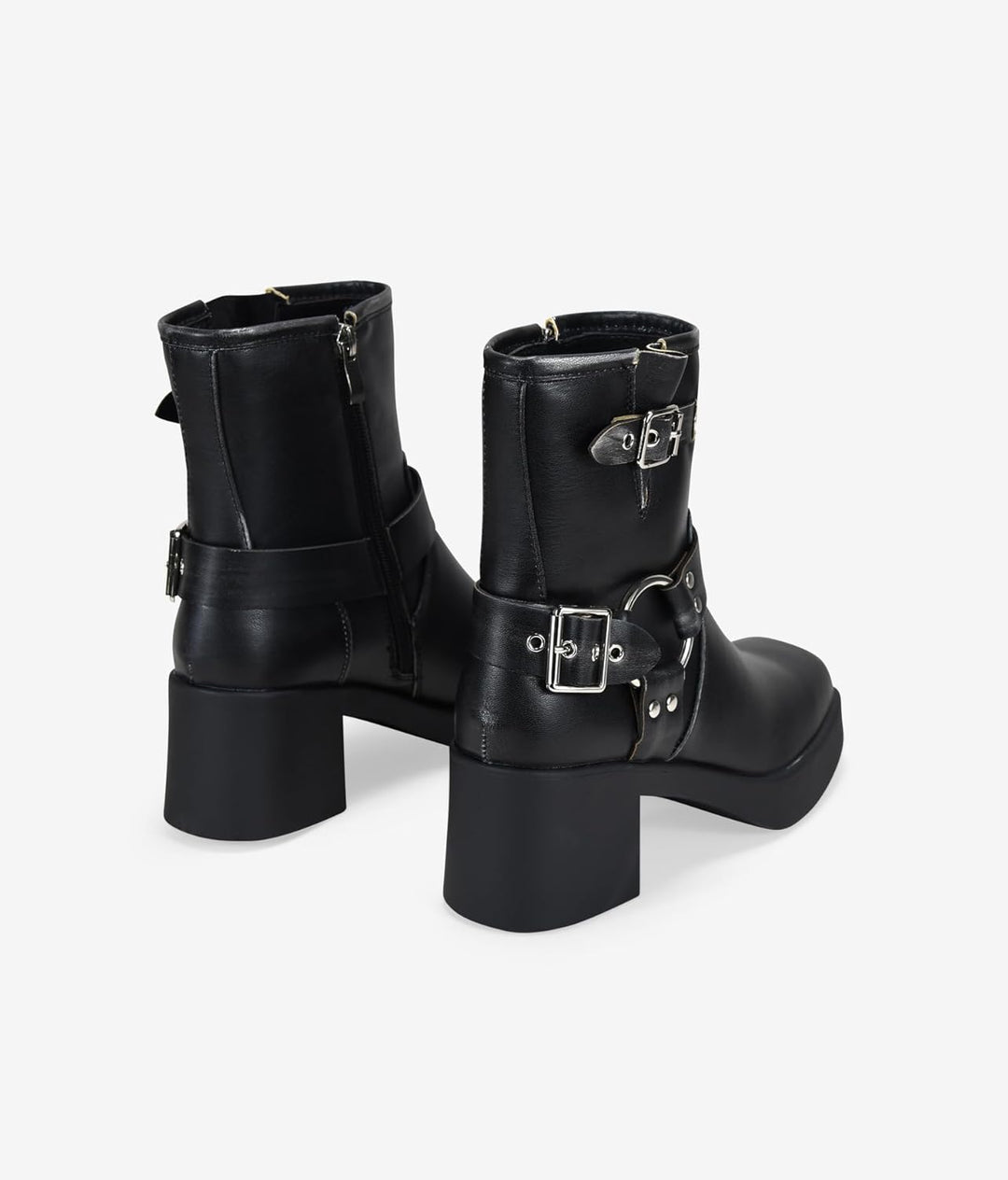BOSANOVA Damen-Stiefel mit niedrigem Absatz, dekorative Metallschnallen, breiter Schaft, quadratisch