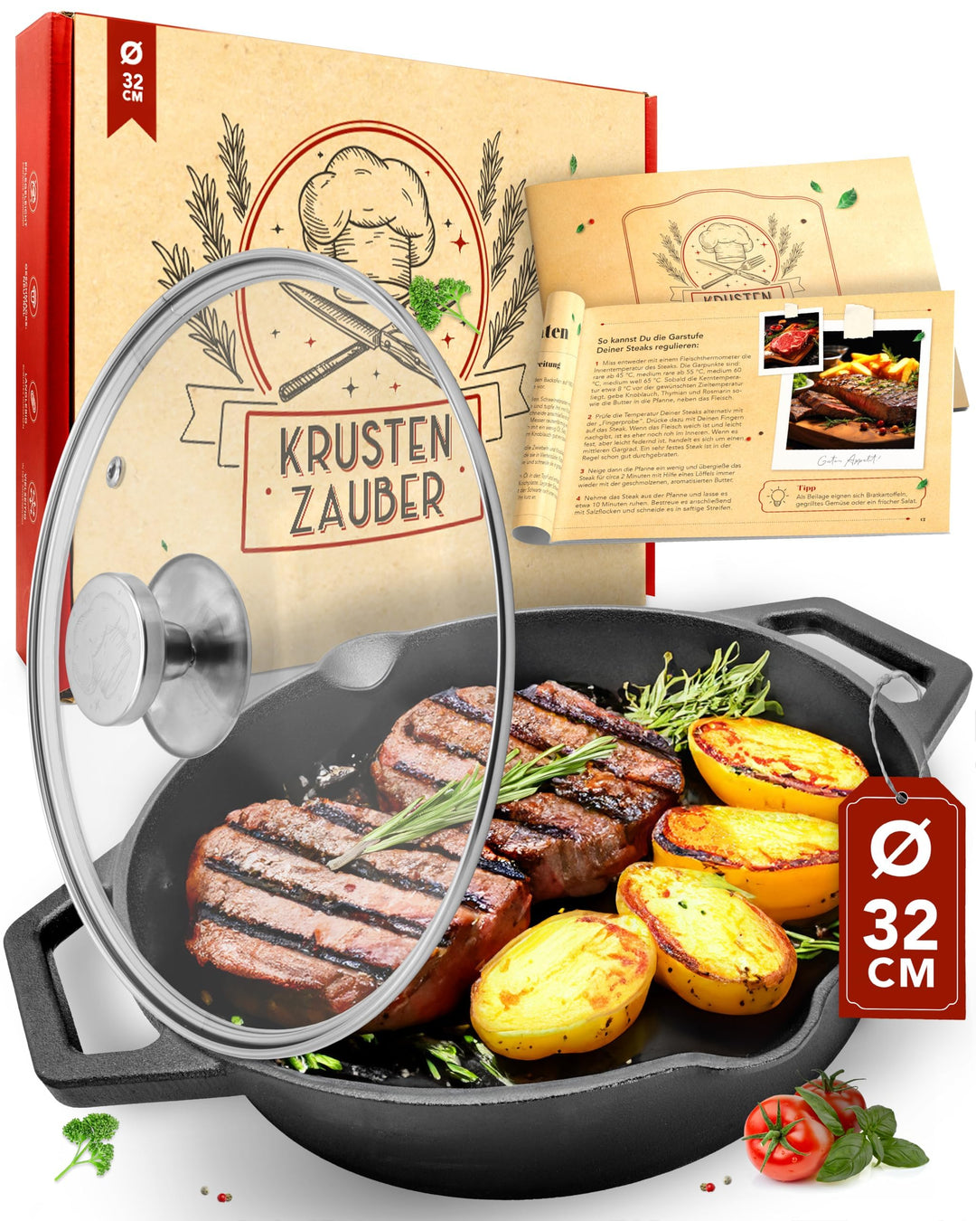 KRUSTENZAUBER 32cm Gusseisenpfanne Induktion - Voreingebrannte Gusseisen Pfanne - Ideale Grillpfanne