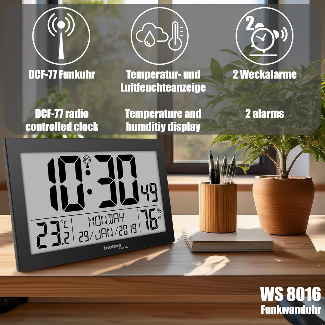 Technoline 8016 Funk-Wand-Uhr mit Temperaturanzeige, Kuststoff, schwarz, 225 x 143 x 24 mm, WS8016SC