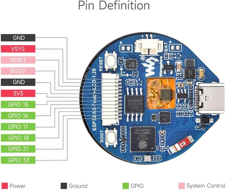 Waveshare ESP32-S3 Development Board, with 1.28inch Round Touch LCD, Compact Size, Accelerometer and