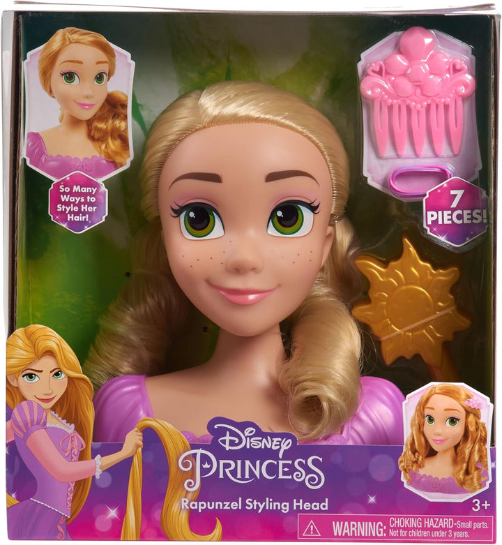 Disney Princess 20 cm Rapunzel Frisierkopf mit Zubehör, 7-teilig, Blondes Haar, Kinderspielzeug für