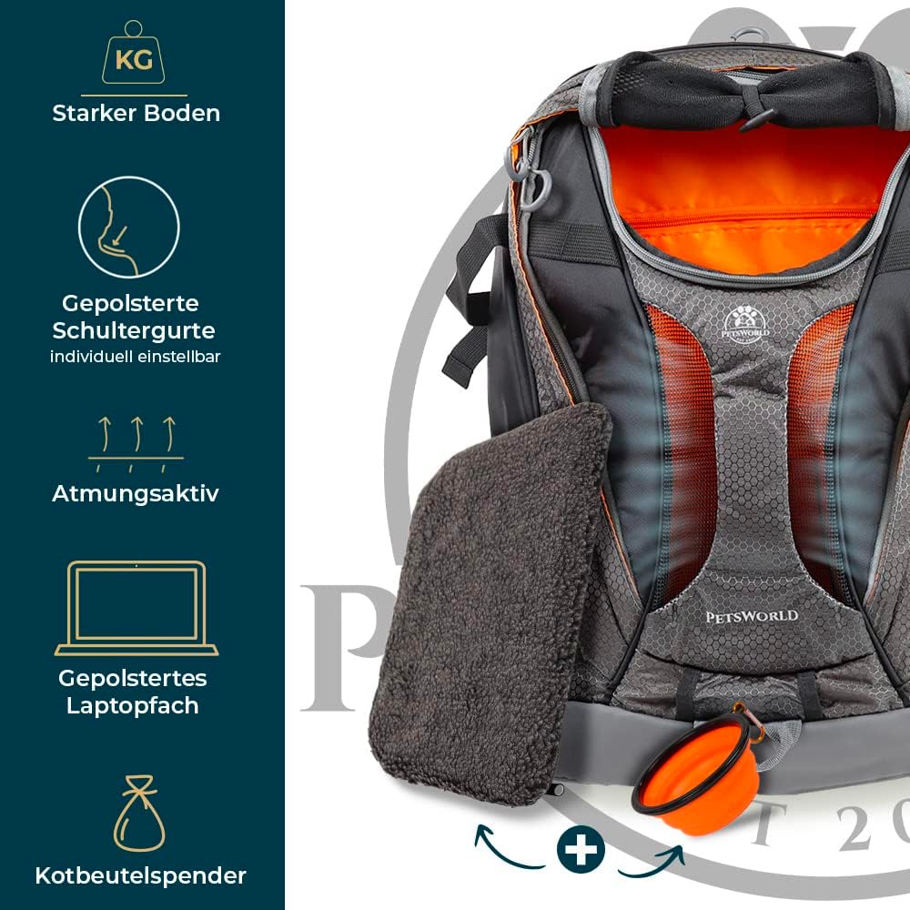 PETSWORLD Hunderucksack | Für Hunde bis 10 kg | Inkl. Kotbeutelspender, Wassernapf und Laptopfach |