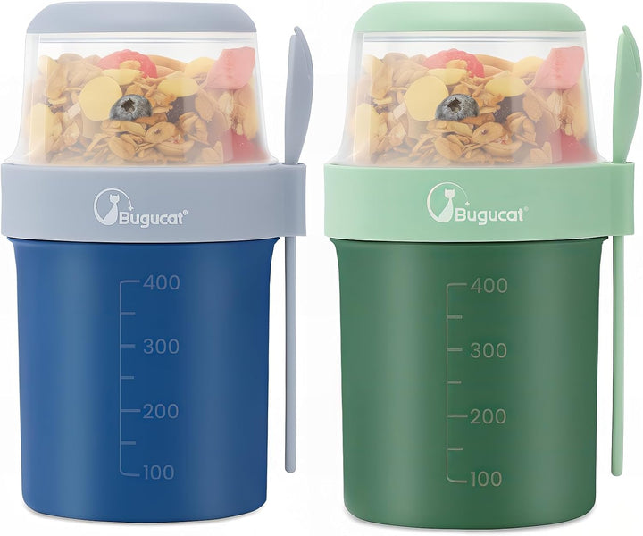 Bugucat 2in1 Müslibecher to Go 560ml+310ml, Praktischer Joghurtbecher & Müslibecher für Picknick 2er