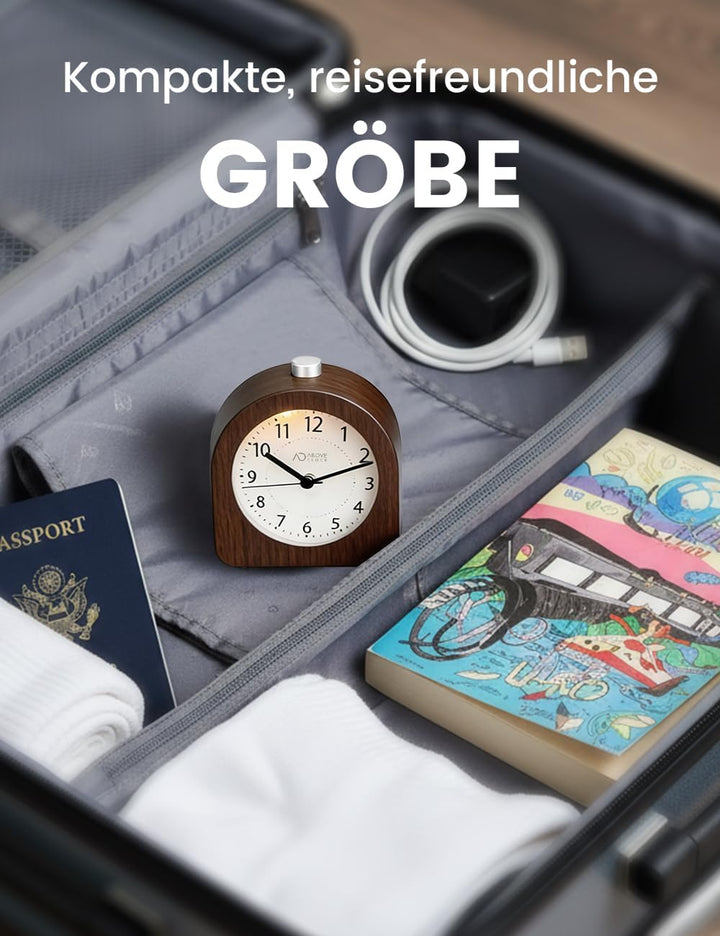 Wecker Analog Ohne Ticken, Wecker Holz mit Snooze, Nachttisch Tischuhr mit Nachtlicht, reisewecker m