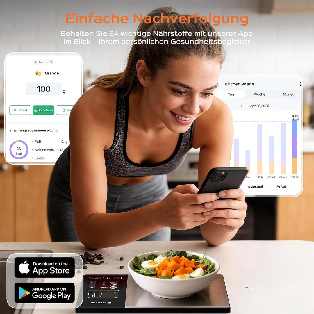 Küchenwaage Digitale mit Nährwertberechnung, smart vita ernährungswaage | Lebensmittelwaage mit 24 N