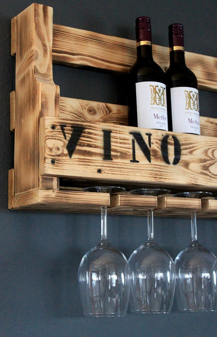 Dekorie Weinregal aus Holz für die Wand - mit Gläserhalter und VINO Schriftzug - Geflammt - fertig m