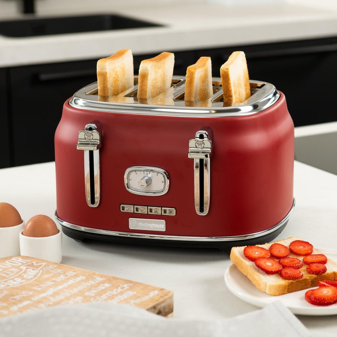 Westinghouse Retro Toaster 4 Scheiben, Abnehmbarer Brötchenaufsatz, 6 Bräunungsstufen, Brotzentrieru