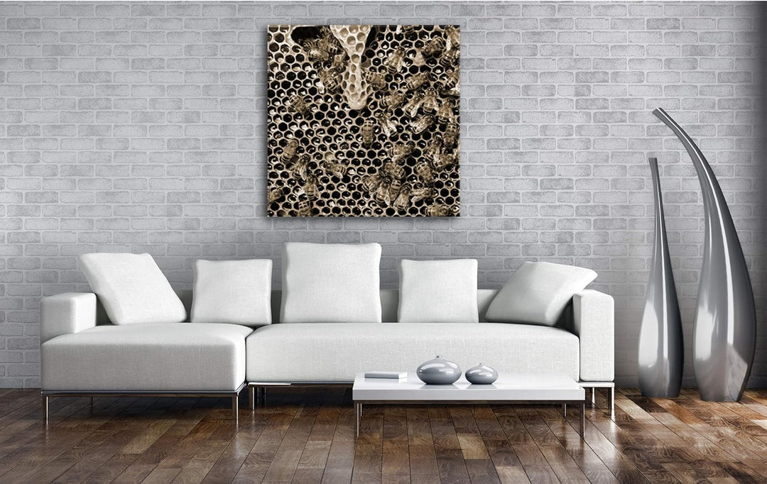 deyoli atemberaubende Honigwabe mit Bienen im Format: 70x70 Effekt: Sepia als Leinwandbild, Motiv au