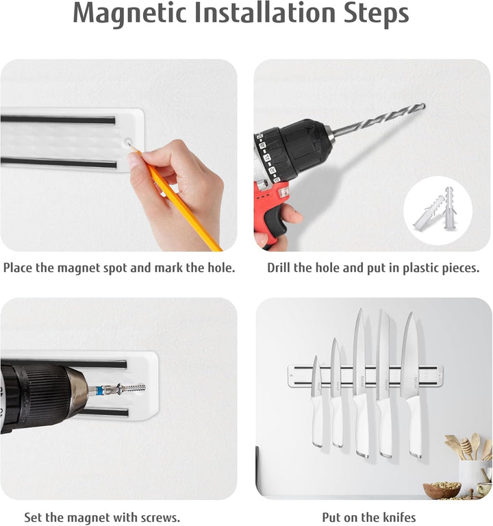 hecef Messerset mit Messerhalter Magnetisch, 5 tlg Scharfe Küchenmesser Set mit 33cm Messer Magnetle