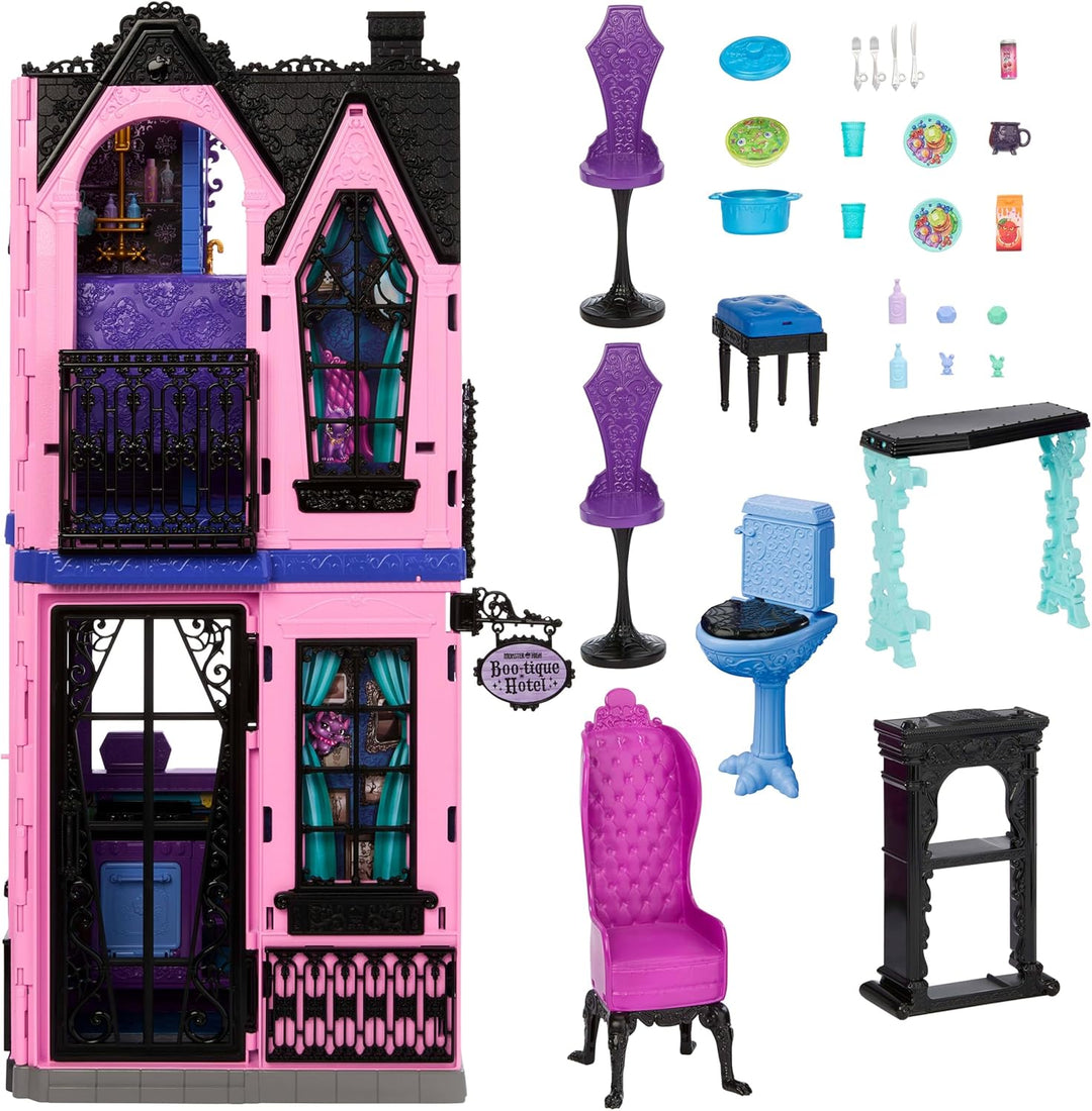 Monster High Buh-tique Hotel Puppenhaus, zusammenklappbares Spielset mit unheimlichen Überraschungen