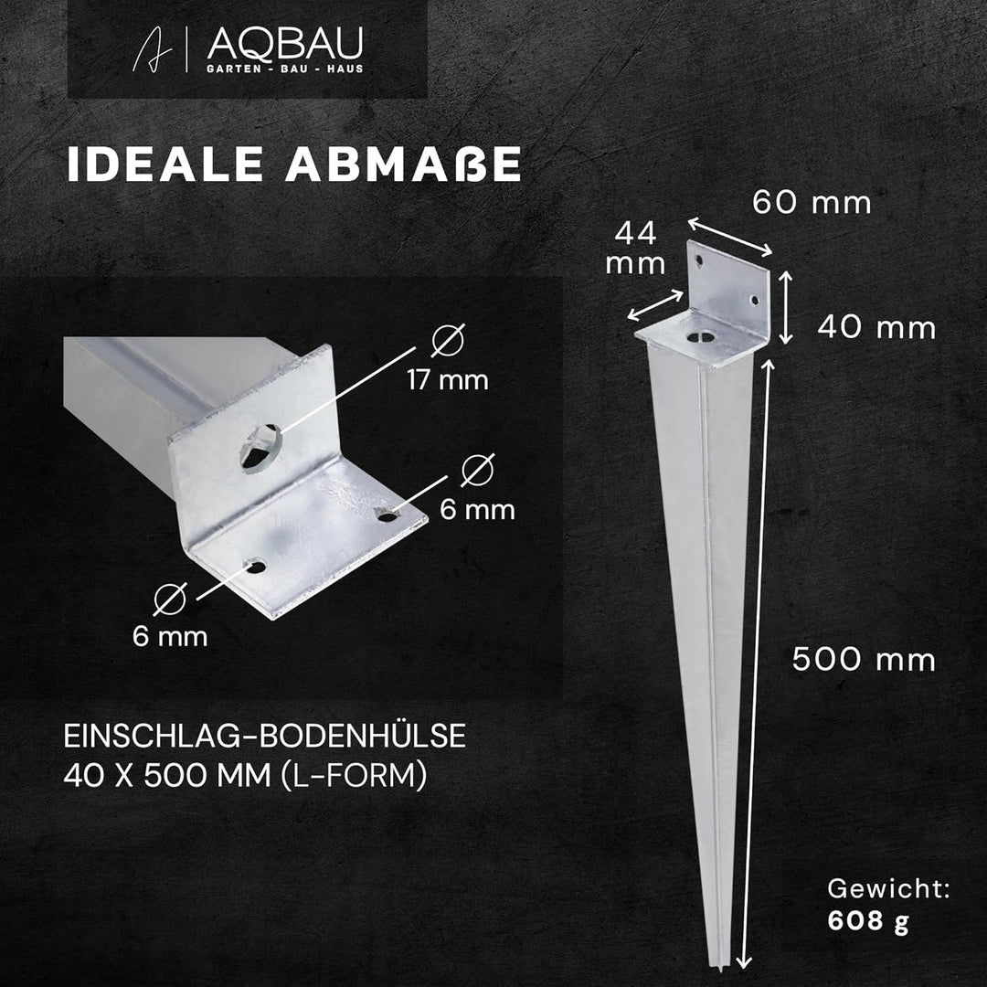 Aqbau® Einschlag-Bodenhülse L 40 x 500 Pfostenträger Einschlaghülse Einschlagbodenhülse feuerverzink