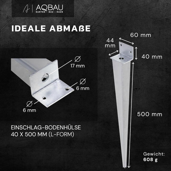 Aqbau® Einschlag-Bodenhülse L 40 x 500 Pfostenträger Einschlaghülse Einschlagbodenhülse feuerverzink