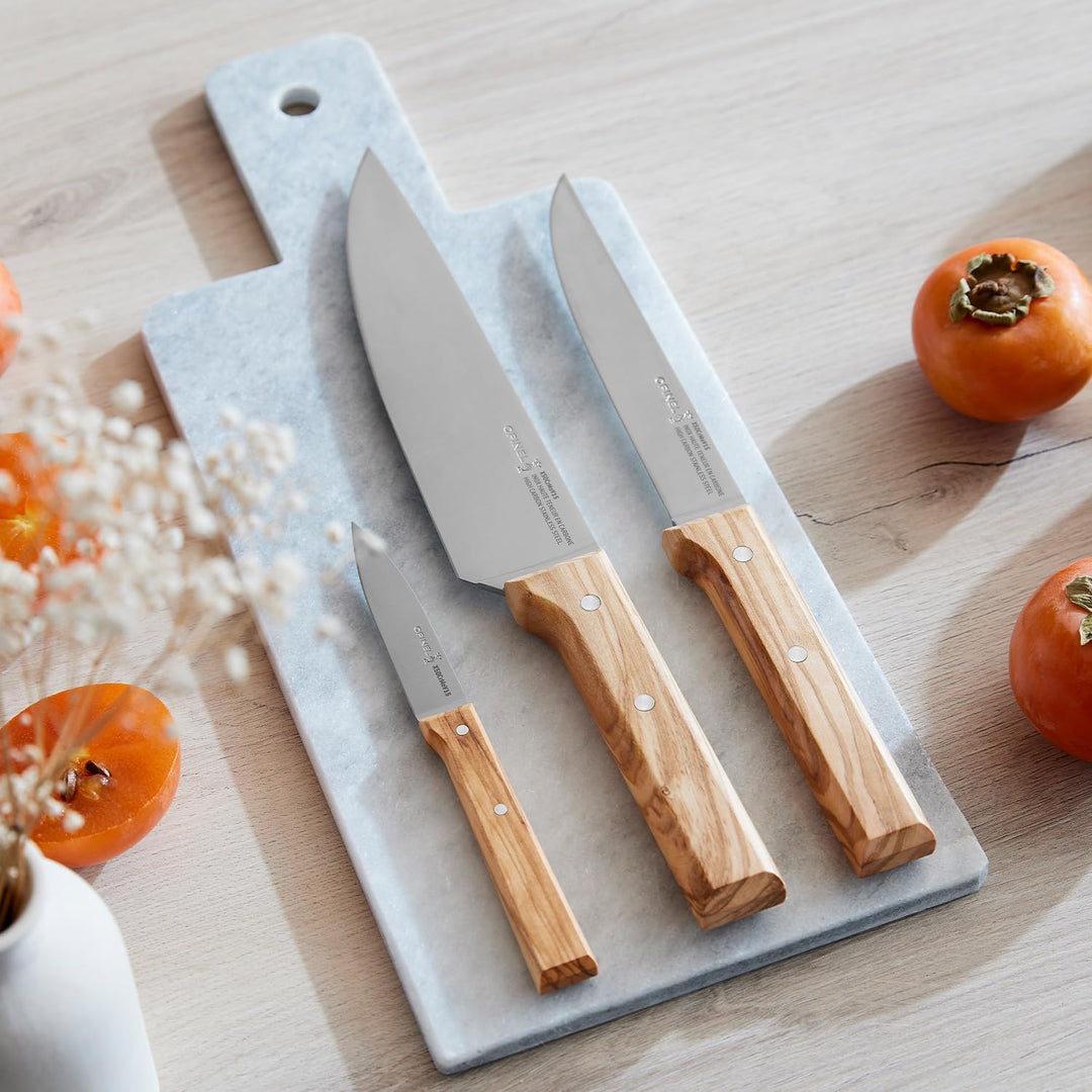 Opinel Parallel Trio Olivier /2 Kochmesser Set aus 3 Chefmessern mit Edelstahlklinge und Buchenholzg