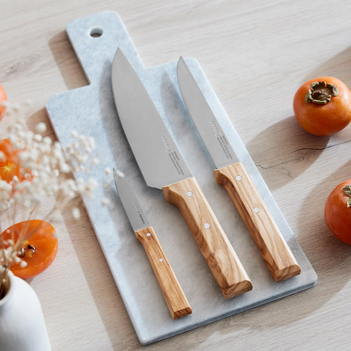 Opinel Parallel Trio Olivier /2 Kochmesser Set aus 3 Chefmessern mit Edelstahlklinge und Buchenholzg
