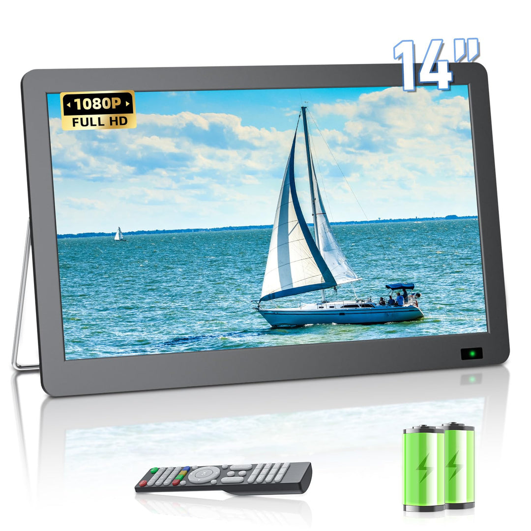 DESOBRY Tragbarer 14.3-Zoll-Fernseher mit Antenne, Kleiner tragbarer Fernseher mit DVB-T2 Tuner, Min