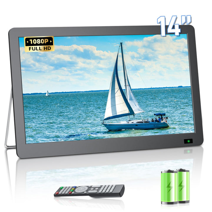 DESOBRY Tragbarer 14.3-Zoll-Fernseher mit Antenne, Kleiner tragbarer Fernseher mit DVB-T2 Tuner, Min
