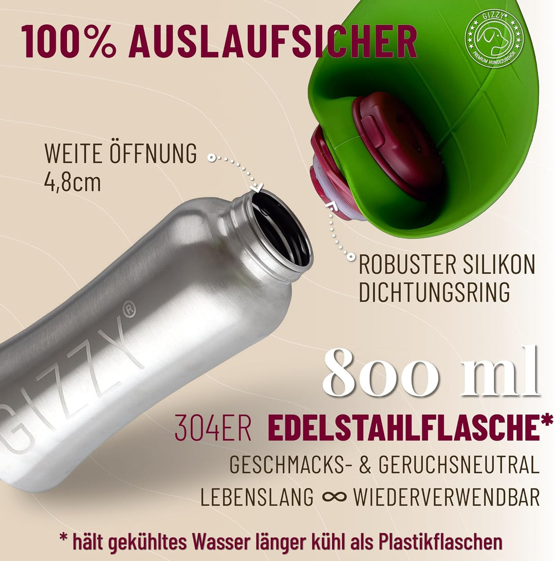 GIZZY® Trinkflasche Hunde für unterwegs - auslaufsicher & robust aus Edelstahl, in 2 Grössen inkl. w