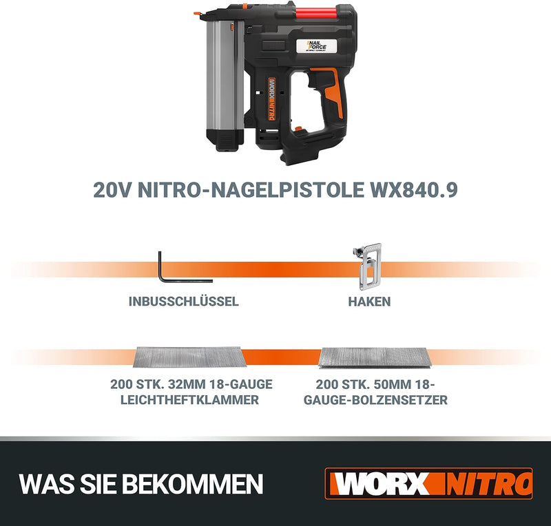 WORX WX840.9 NITRO NailForce Akku Nagler und Tacker 20V - 2-IN-1 Funktionen als Bolzensetzgerät & Sc