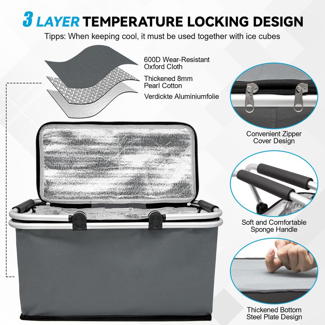 Einkaufskorb 30L, grosse Kühltaшаche, thermokorb mit Alurahmen, isoliert mit Deckel für Reisen, Pick