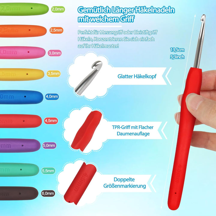 Coopay Tragbar Häkelset für Anfänger, Häkelnadel Set mit 15 Wolle, Tasche, Häkelzubehör, Ergonomisch