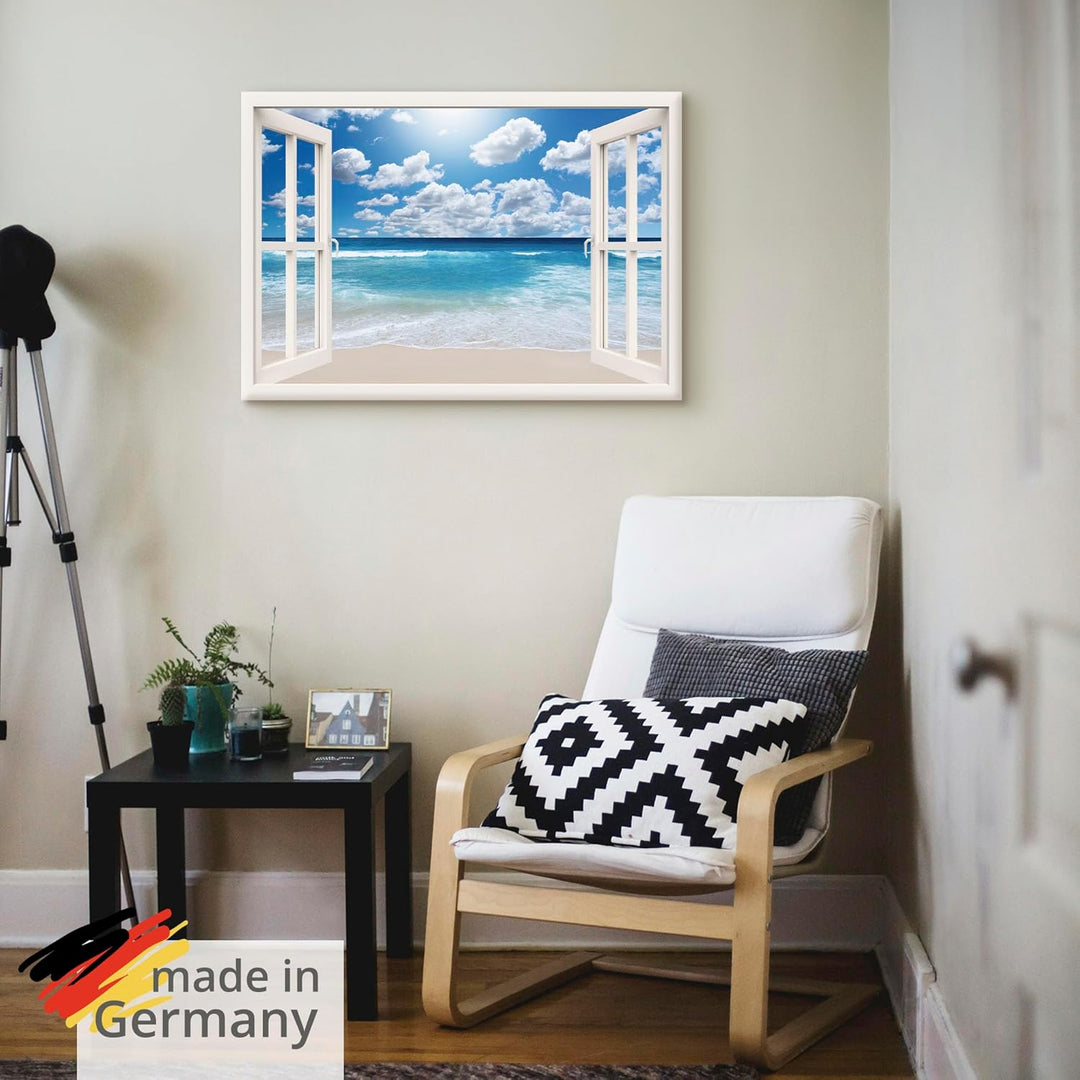 Artland Leinwandbild Wandbild Bild auf Leinwand 100x70 cm Wanddeko Fensterblick Fenster Strand Meer