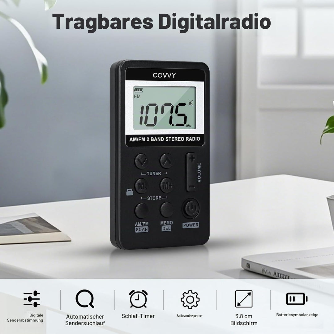 AM/FM Tragbares Radio,Covvy Digitales Pocket Mini Radio mit 500mAh 3.7V Wiederaufladbarer Akku und K