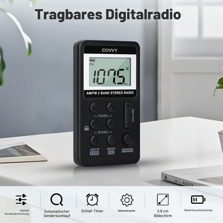 AM/FM Tragbares Radio,Covvy Digitales Pocket Mini Radio mit 500mAh 3.7V Wiederaufladbarer Akku und K