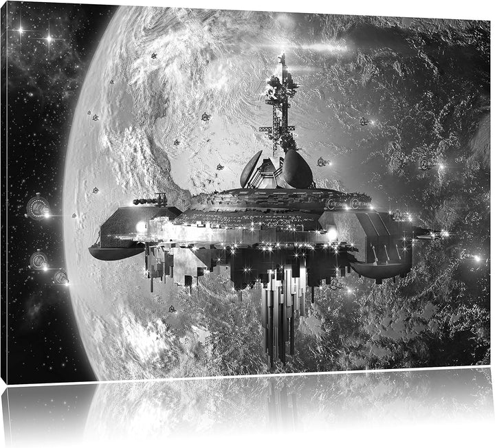 Pixxprint Raumschiff vor der Erde als Leinwandbild/Grösse: 100x70 cm/Wandbild/Kunstdruck/fertig besp