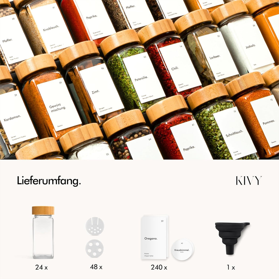 KIVY Gewürzgläser mit Streueinsatz [24x 120ml] + 240 Wasserfeste Label - Gewürzgläser eckig - Gewürz