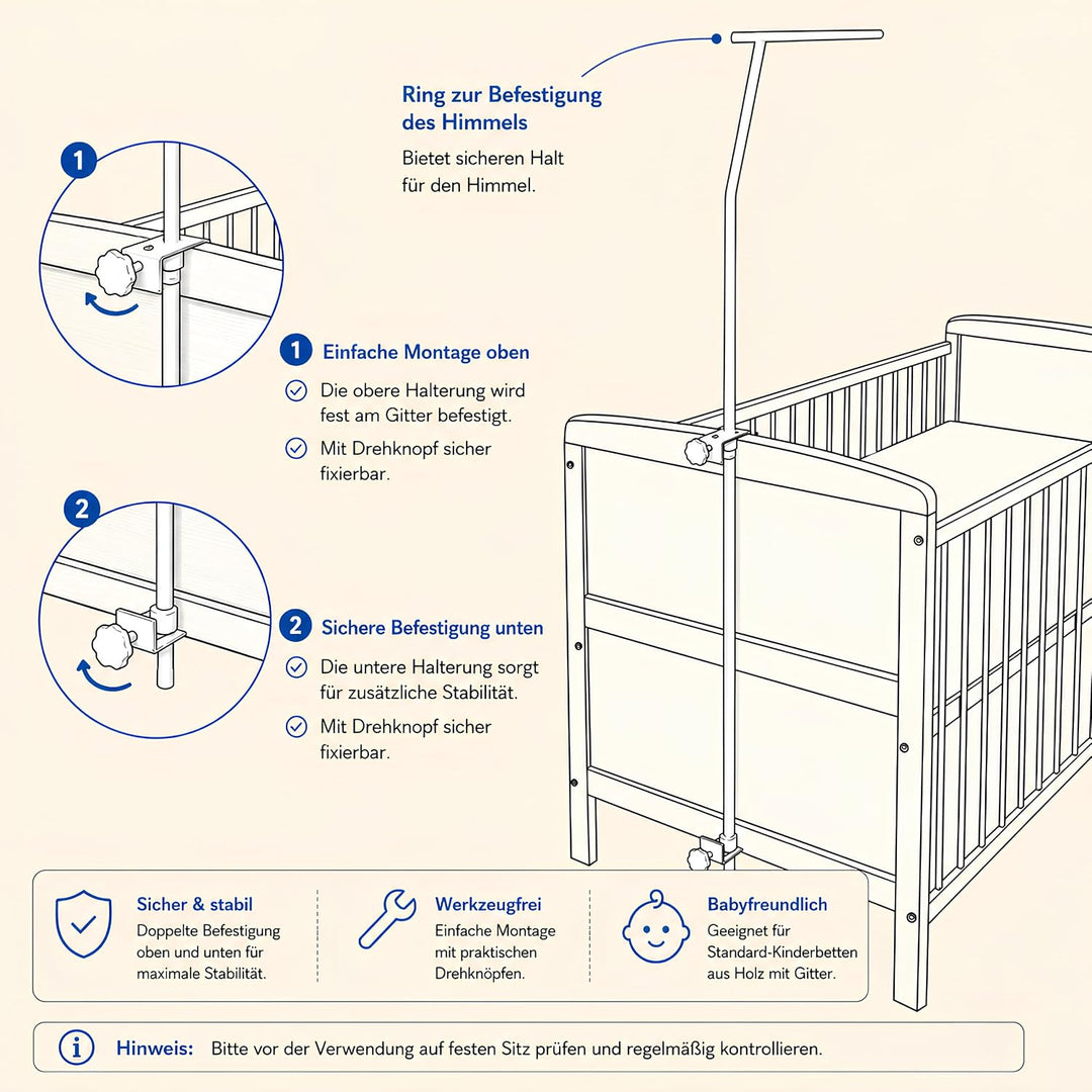 Baby Delux Himmelstange Himmelhalter universell weiss für Babybett Kinderbett Beistellbett Wiege mit