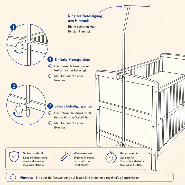 Baby Delux Himmelstange Himmelhalter universell weiss für Babybett Kinderbett Beistellbett Wiege mit