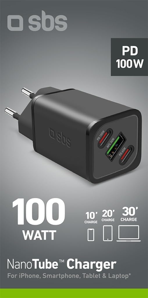 SBS Mehrport-Ladegerät 100W, 2 USB-C-Anschlüsse, 1 USB-A-Anschluss, GaN, Power Delivery, kompakt, id