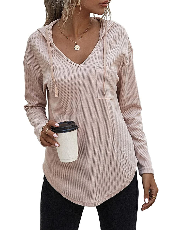 Pullover Damen Hoodie Langarm V Ausschnitt Pullover Sweatshirt Kapuzenpullover Einfarbig Drawstring