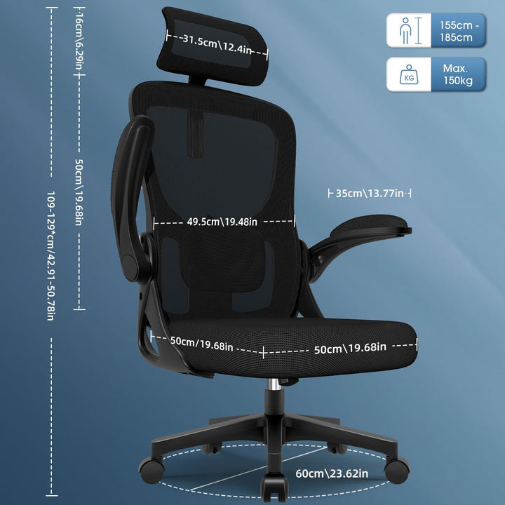 Bürostuhl, Schreibtischsessel mit Kopfstütze und Weiche Lordosenstütze, Bürostuhl ergonomisch Wippfu