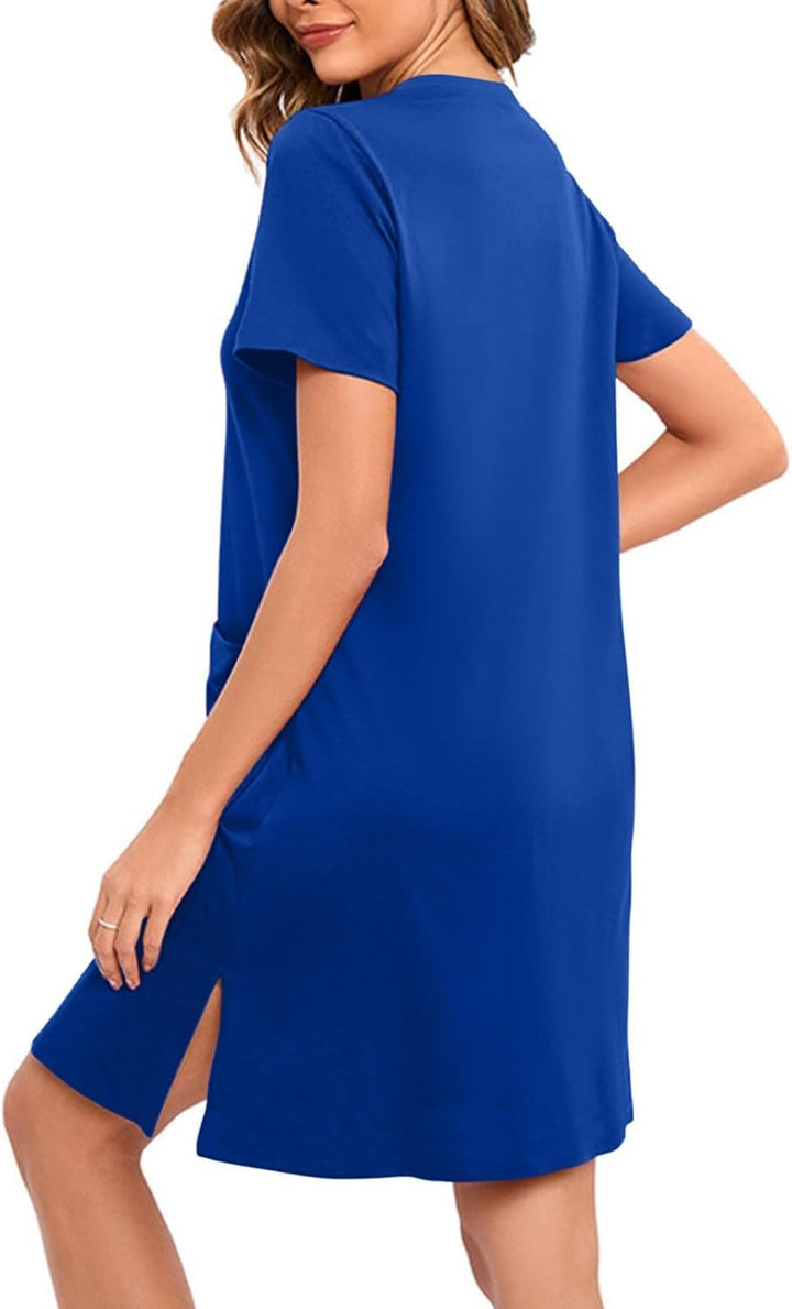 Generisch Bademanteldamen Bequemer Freizeitrock Lockerer Pyjama Kurzarm Nachthemd Tasche Blau XL, Bl